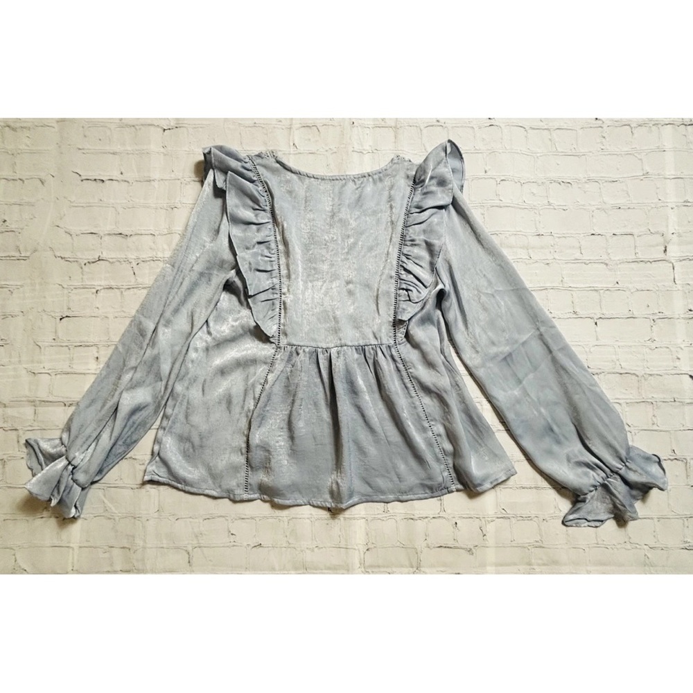 Altar'd State Womens XS Long Sleeve Babydoll Ruffle V-neck Feminine Blouse Blue - Picture 10 of 11